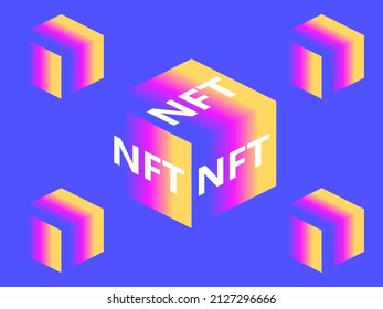 Cubo de token NFT con degradado de color azul y amarillo. token de NFT no fungible. cubo isométrico. Arte digital en tecnología blockchain. Ilustración del vector