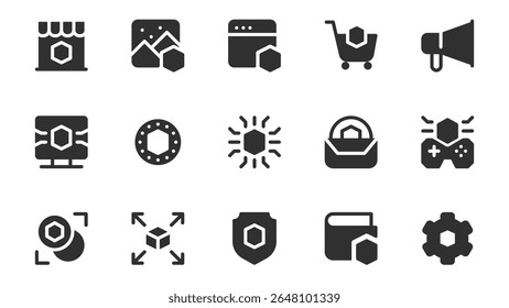 Pacote de ícones de token NFT para design na Web. Sólido ícone definido com mercado de arte digital, obras de arte, jogo, compra de leilão, criptomoeda, transação de pagamento e mais pictogramas. Ilustração vetorial.