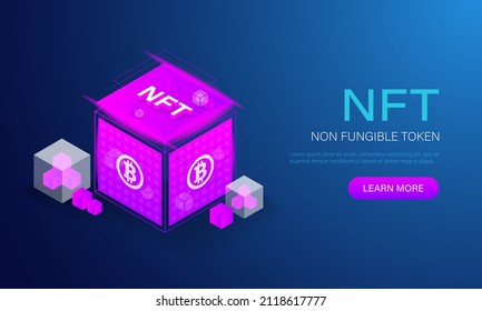 Nft token, great design for any purposes. Blockchain digital technology. Web banner. Crypto art concept. Isometric vector illustration