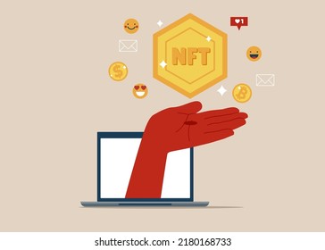 NFT token - hand holding non fungible token. Different currency icons and emoji icons.