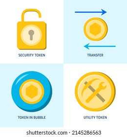 NFT token icon set in flat style. Utility and security tokens, transaction symbols. Vector illustration.