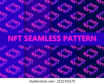 NFT token isometric text with cube set of seamless pattern. NFT non-fungible token. Digital art in blockchain technology. Design for banners and promotional items. Vector illustration