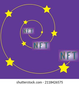
Das NFT-Token ist nicht austauschbar. Schöner violetter Hintergrund mit Spirale und Sternen. Vorlage für das Banner .Das NFT Konzept.