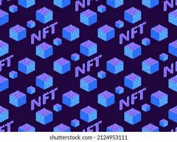 NFT token pixel art isometric text with cube seamless pattern. NFT non-fungible token. Digital art in blockchain technology. Design for banners and promotional items. Vector illustration