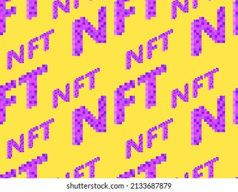 NFT token pixel art isometric text seamless pattern. NFT non-fungible token. Digital art in blockchain technology. Design for banners and promotional items. Vector illustration