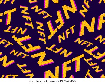 NFT token pixel art isometric text seamless pattern. NFT non-fungible token. Digital art in blockchain technology. Design for banners and promotional items. Vector illustration