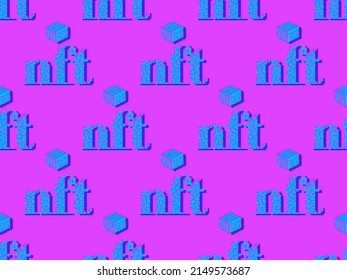 NFT token pixel art text with cube seamless pattern. NFT non-fungible token. Digital art in blockchain technology. Design for banners and promotional items. Vector illustration