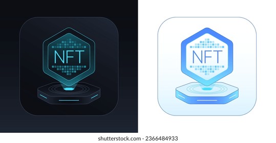 Plataforma de token de NFT. Colección de arte criptográfico, mercado digital para el comercio y intercambio de NFT. token de juego virtual, tecnología NFT, moneda criptográfica para inversión, créditos digitales únicos. Vector