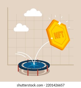 NFT Token Price Rebound, Back To Rising Up After Falling Down Concept, NFT Token Bounce Back On The Trampoline Rising Up On Price Graph. Flat Vector Illustration.