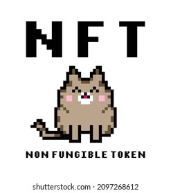 NFT token template. Crypto art non-fungible token. Cat in pixel art style. Pixelated kitten isolated on white background. Vector illustration.