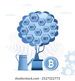 NFT token tree, watering and growing a non-fungible token. Crypto currency icon, bitcoin. Invest on NFT or non-fungible token cryptocurrency concept. Vector illustration in flat cartoon style