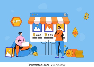 NFT token web concept in flat 2d design. Woman and man create digital works of art with non-fungible token, sell and buy on marketplaces, invest cryptocurrency. Vector illustration with people scene