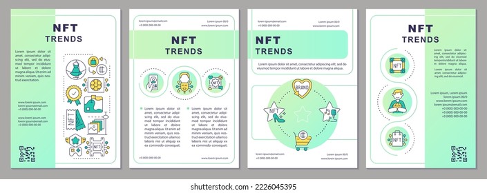 NFT trends green gradient brochure template. Blockchain network. Leaflet design with linear icons. 4 vector layouts for presentation, annual reports. Arial, Myriad Pro-Regular fonts used