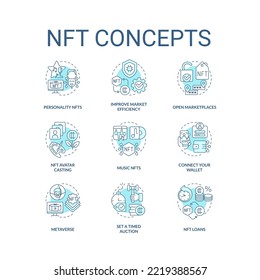 Iconos de concepto turquesa NFT. Tecnología Blockchain. Ganar dinero en las ilustraciones en color de la idea del ciberespacio. Símbolos aislados. Trazo editable. Fuentes Roboto-Medium, Myriad Pro-Bold utilizadas