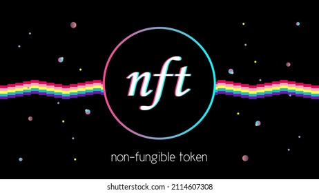 Tipografía de NFT: token no fungible, arte criptográfico de píxeles únicos, criptografía, estilo de ciberpunk de moda de los 80, 90.