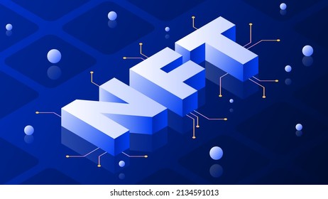 Ilustración horizontal vectorial NFT. Grandes letras NFT sobre fondo oscuro. El concepto de aumento de los precios del arte simbólico no fungible. Diseño abstracto isométrico futurista.