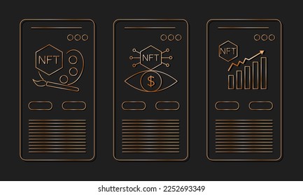 NFT vector icon card. Non-fungible token. Gold on black background. vector