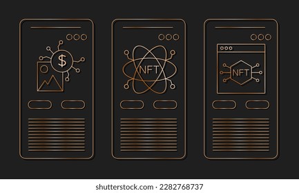 NFT vector icon card. Non-fungible token. Gold on black background. vector