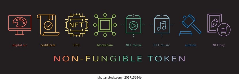 NFT vector icon set. neon color on black background.