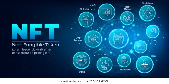 Conjunto de iconos vectoriales NFT. NFT no fungible tokens banner icono web para tecnología de negocios, criptodivisa, blockchain, elementos digitales únicos, arte criptográfico y activo digital. infografía vectorial futurista.