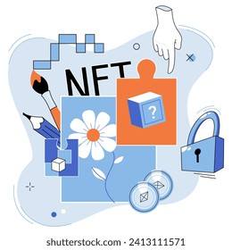 NFT vector illustration. NFTs have opened up new revenue streams for content creators and artists, revolutionizing entertainment industry Nonfungible tokens provide means proving ownership