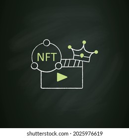 NFT video chalk icon. Video file format with non fungible token coin.Represent digital files. Used to commodify digital creations. Cryptocurrency concept. Isolated vector illustration on chalkboard