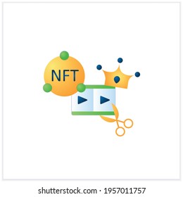 NFT video clips flat icon.Clips with non fungible token coin. Selling.Represent digital files. Used to commodify digital creations. Cryptocurrency concept. 3d vector illustration