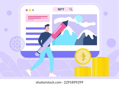 NFT violet concept with people scene in the flat cartoon design. Man creates Internet pictures and turns them into cryptocurrency. Vector illustration.