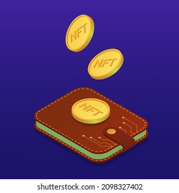 NFT wallet. NFT non fungible token. Nft gold coin and leather wallet. Nft and cryptocurrency investment concept.