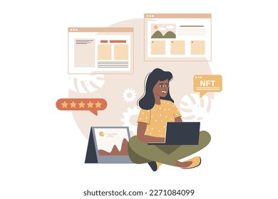 NFT yellow and brown concept with people scene in the flat cartoon design. Woman works with digital elements and cryptocurrency on the Internet and earns money. Vector illustration.