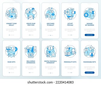NFTs minting and trends blue onboarding mobile app screen set. Walkthrough 5 steps editable graphic instructions with linear concepts. UI, UX, GUI template. Myriad Pro-Bold, Regular fonts used