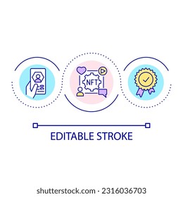 NFTs on social networks loop concept icon. Crypto art in online communication. Cyberspace abstract idea thin line illustration. Isolated outline drawing. Editable stroke. Arial font used