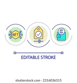 Icono de concepto de bucle de venta de NFT. Monetización del arte digital. Tecnología Blockchain para ilustración de línea delgada de ideas abstractas de negocios. Dibujo de contorno aislado. Trazo editable. Tipo de letra arial utilizado