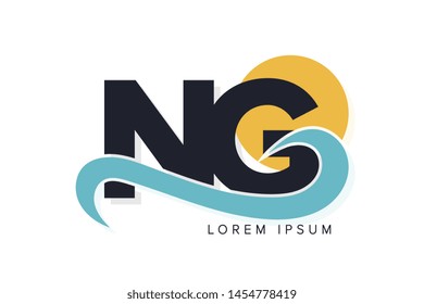 NG letter logo with ocean waves and sunset. Beach concept design