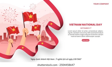 Ngay Quoc khanh Viet Nam or Vietnam National Day background with flag and buildings