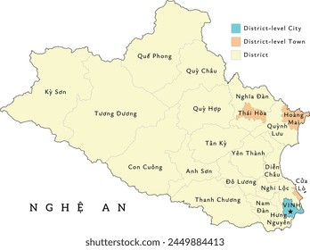 Nghe An (Nghệ An) province of Vietnam administrative divisions map. Clored. Vectored. Types of districts