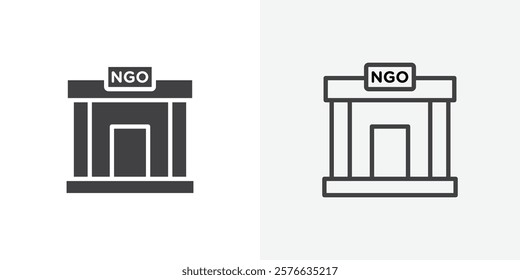 NGO Building icon set in black flat solid and outlined style.