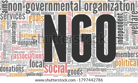 NGO - Non-governmental organization word cloud isolated on a white background. 
