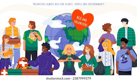 NGO and volunteers. Non governmental, nonprofit organizations. Aid and support, help. Kindness and generosity. Charitanle fund workers. People making donations. Cartoon flat vector illustration