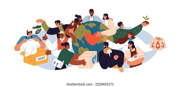 NGO and volunteers. Non-governmental, nonprofit organizations work concept. Humanitarian aid, donation, international support and solidarity. Flat vector illustration isolated on white background svg