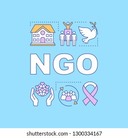 NGO word concepts banner. Non governmental, nonprofit organization. Presentation, website. Isolated lettering typography idea with linear icons. Charitable foundation. Vector outline illustration