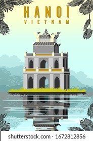 Ngoc Son Temple in lake in Hanoi, Vietnam. Handmade drawing vector illustration. Retro Style Poster.