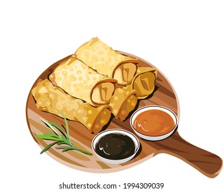 ngohiong Cebu, spring roll, isolated fried spring roll serve on a wooden plate with sauces. Asian food hand drawing close up realistic vector illustration on white background. 