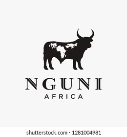 Nguni buffalo cow logo icon vector template on white background with african word map mark