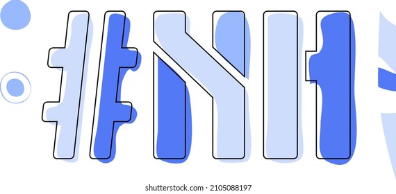 NH Hashtag. Isolate curves doodle letters. Blue colors. Hashtag #NH is abbreviation for the US American New Hampshire for social network, web resources, mobile apps.