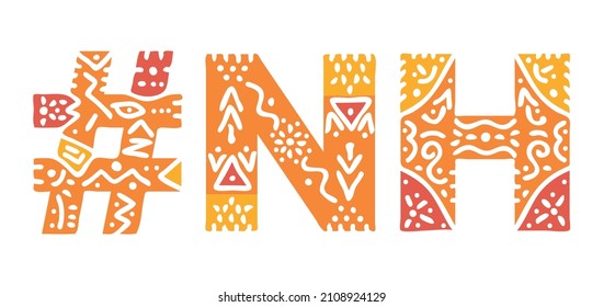 NH Hashtag. Multicolored bright isolate curves doodle letters. Hashtag #NH is abbreviation for the US American New Hampshire for social network, web resources, mobile apps.