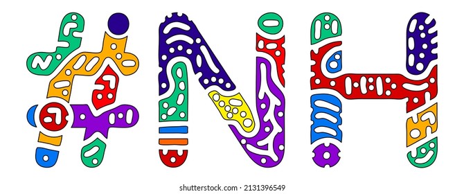 NH Hashtag. Multicolored bright isolate curves doodle letters. Hashtag #NH is abbreviation for the US American state New Hampshire for social network, web resources, mobile apps.