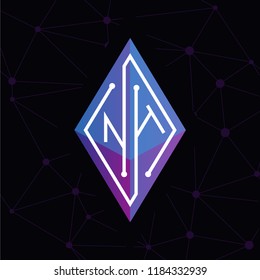 NH Initial letter block chain logo icon vector template. Looping mono line circuit letter on rhombus cube logo