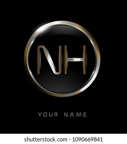 NH initial letters with circle elegant logo golden silver black background