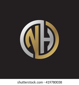 NH initial letters looping linked circle elegant logo golden silver black background